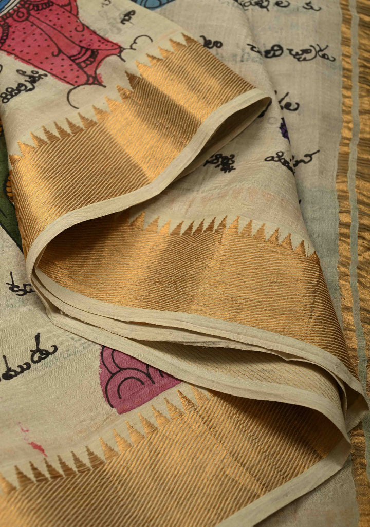 Telugu Script and Motiifs Theme : Natural Color Authentic Pen Kalamkari Handpainted on Pure Mangalagiri Silk Cotton Saree with Temple Zari Border