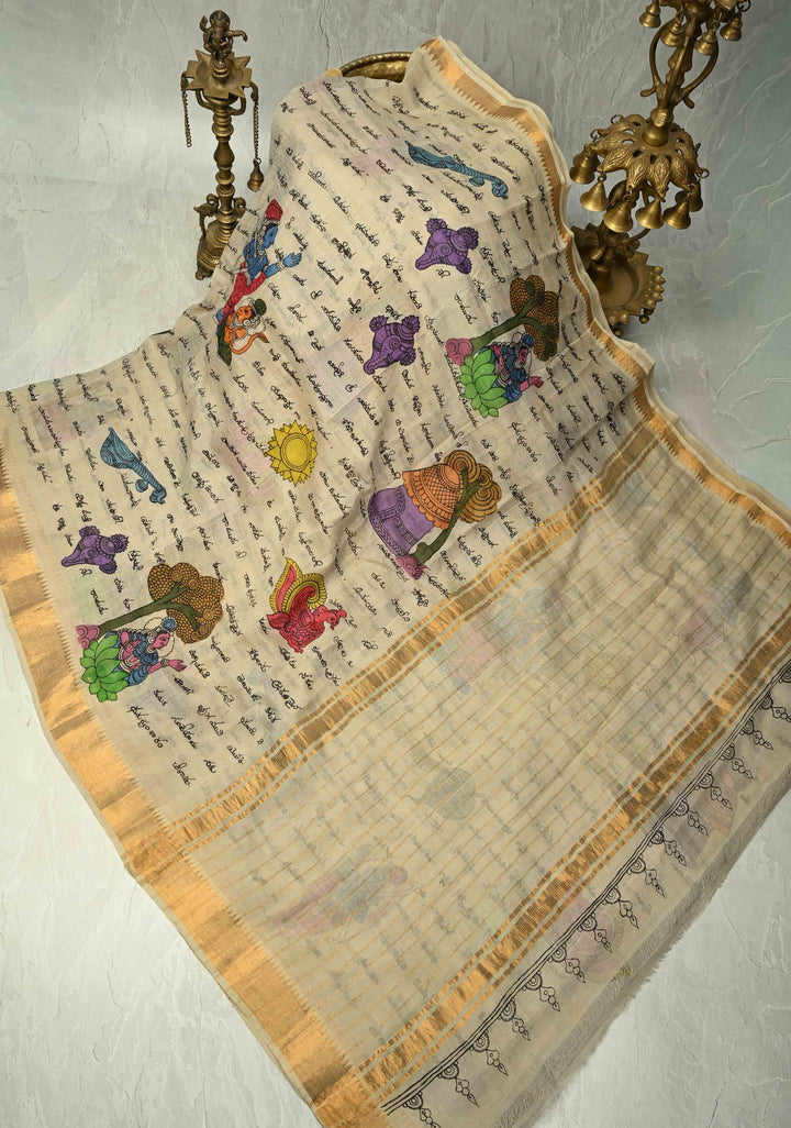 Telugu Script and Motiifs Theme : Natural Color Authentic Pen Kalamkari Handpainted on Pure Mangalagiri Silk Cotton Saree with Temple Zari Border