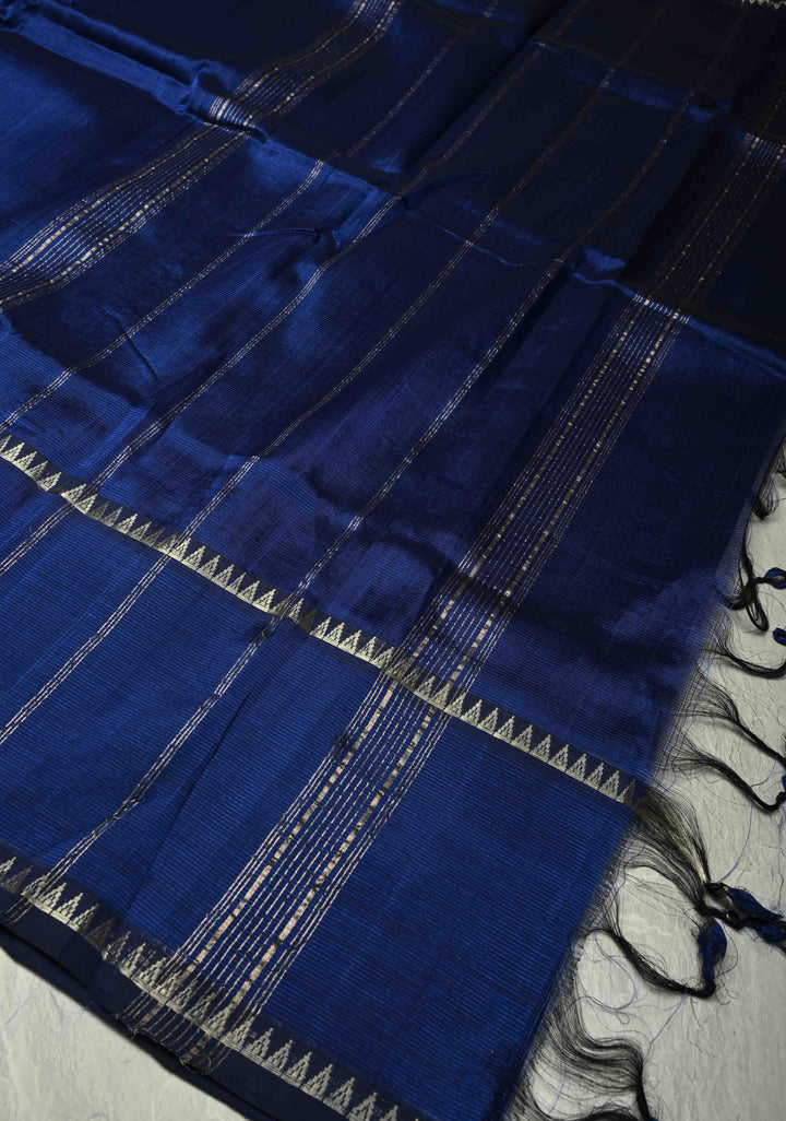 Royal Blue Handwoven Mangalagiri Silk Cotton Saree with Temple Wide Zari Border
