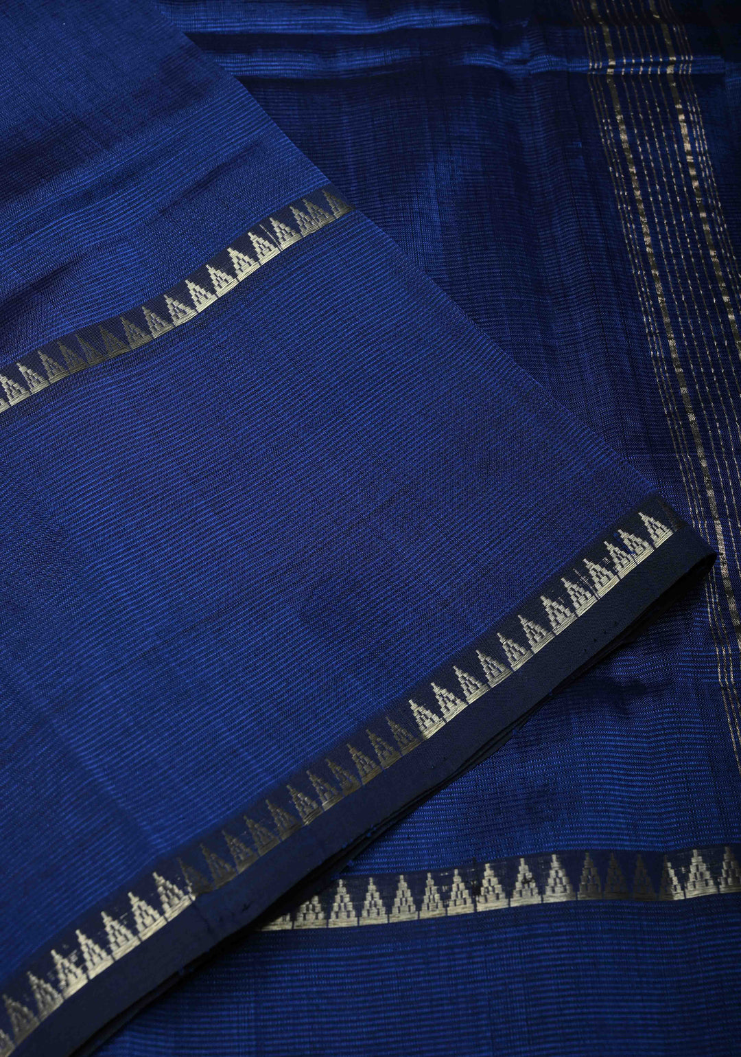 Royal Blue Handwoven Mangalagiri Silk Cotton Saree with Temple Wide Zari Border