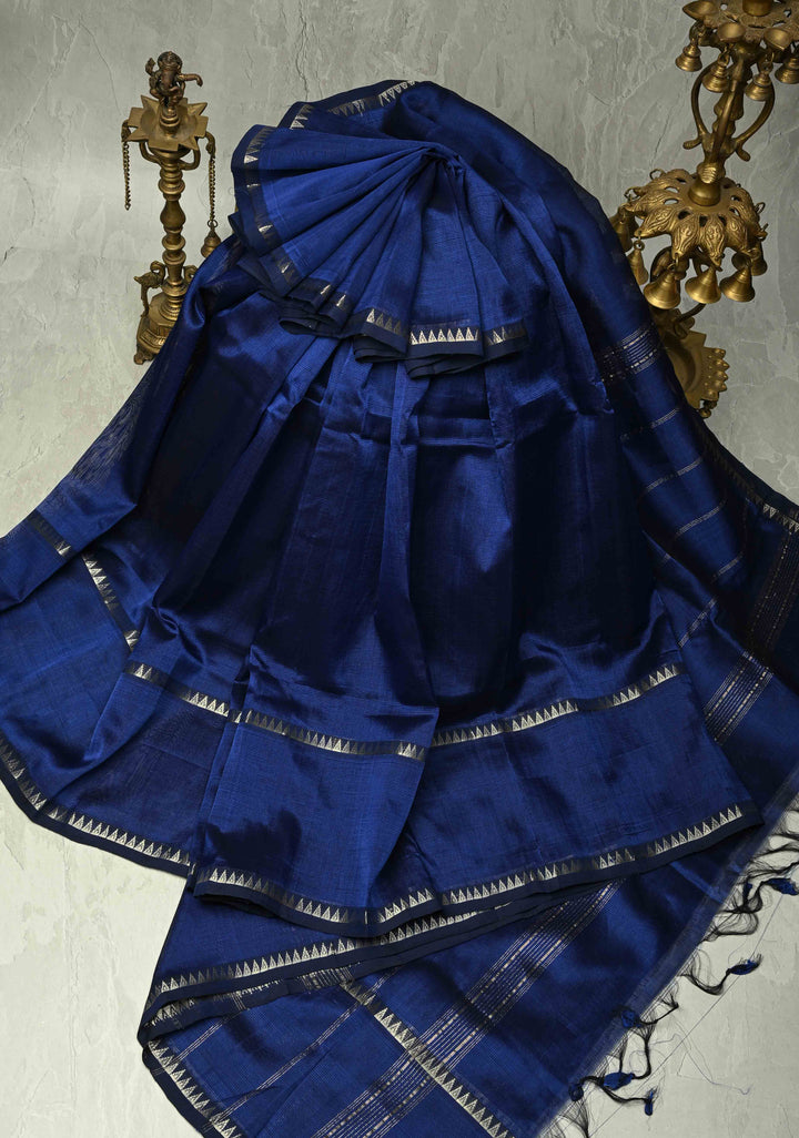 Royal Blue Handwoven Mangalagiri Silk Cotton Saree with Temple Wide Zari Border