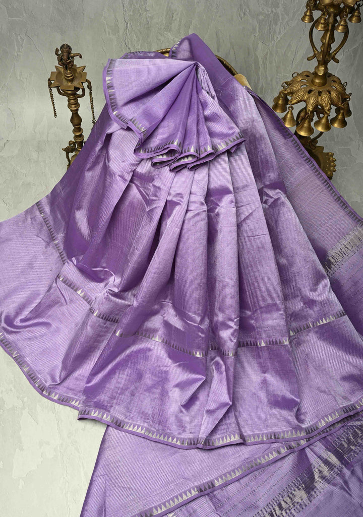 Lavender Handwoven Mangalagiri Silk Cotton Saree with Temple Wide Zari Border