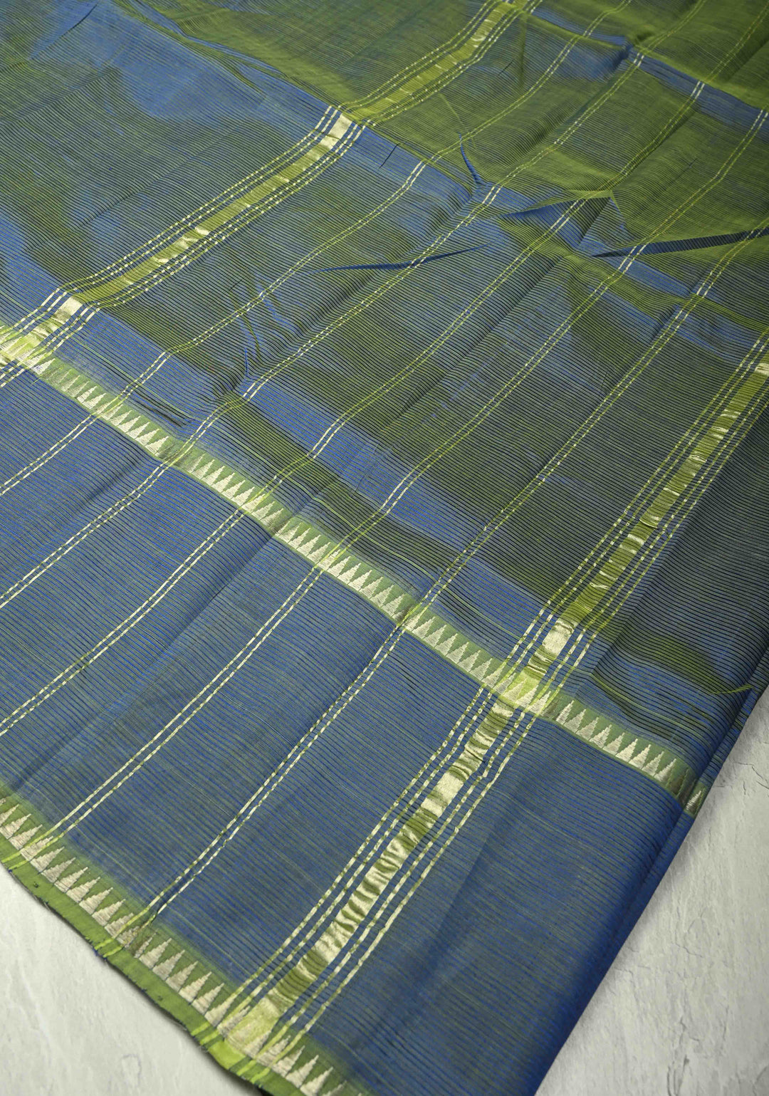 Blue-Green Dual Tone Handwoven Mangalagiri Silk Cotton Saree with Temple Wide Zari Border