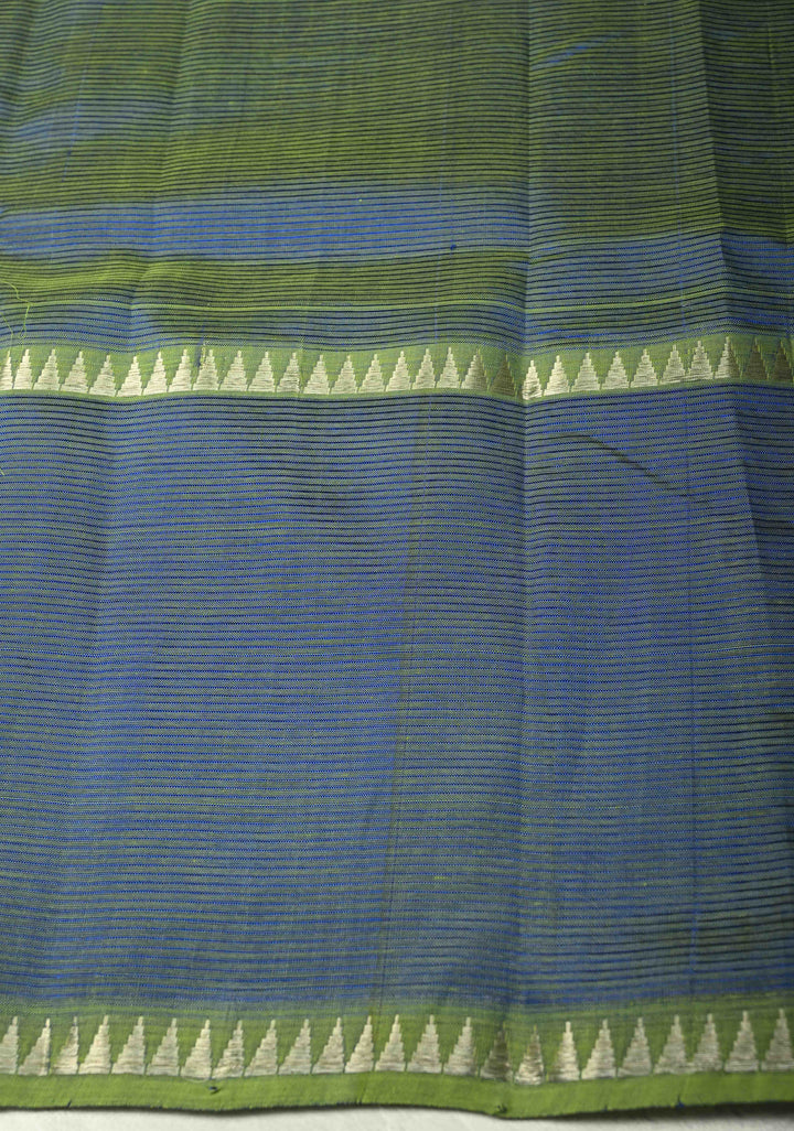 Blue-Green Dual Tone Handwoven Mangalagiri Silk Cotton Saree with Temple Wide Zari Border