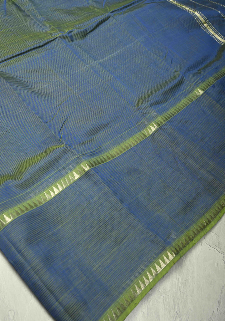 Blue-Green Dual Tone Handwoven Mangalagiri Silk Cotton Saree with Temple Wide Zari Border