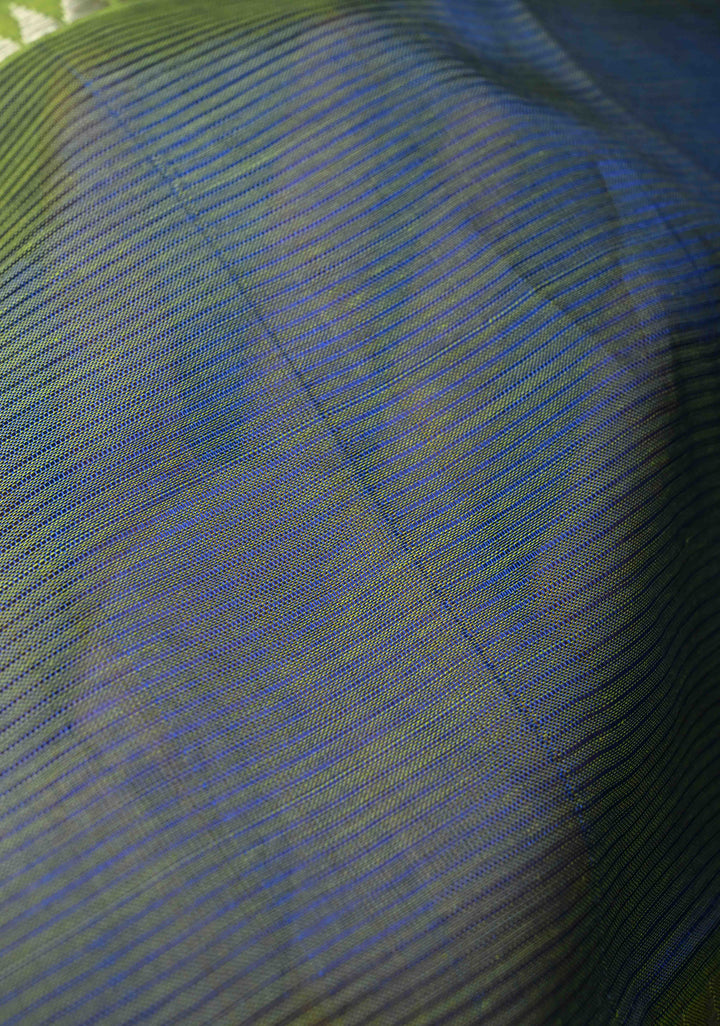 Blue-Green Dual Tone Handwoven Mangalagiri Silk Cotton Saree with Temple Wide Zari Border