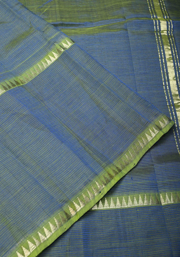 Blue-Green Dual Tone Handwoven Mangalagiri Silk Cotton Saree with Temple Wide Zari Border
