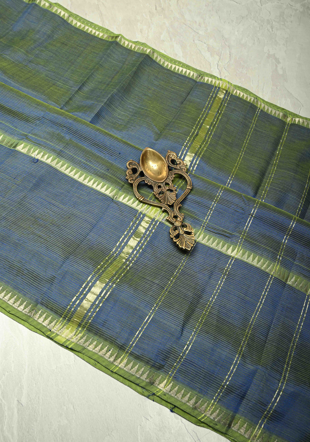 Blue-Green Dual Tone Handwoven Mangalagiri Silk Cotton Saree with Temple Wide Zari Border
