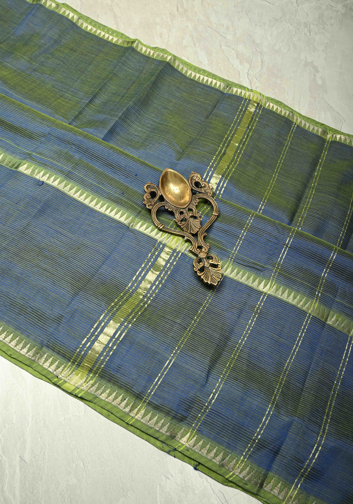Blue-Green Dual Tone Handwoven Mangalagiri Silk Cotton Saree with Temple Wide Zari Border