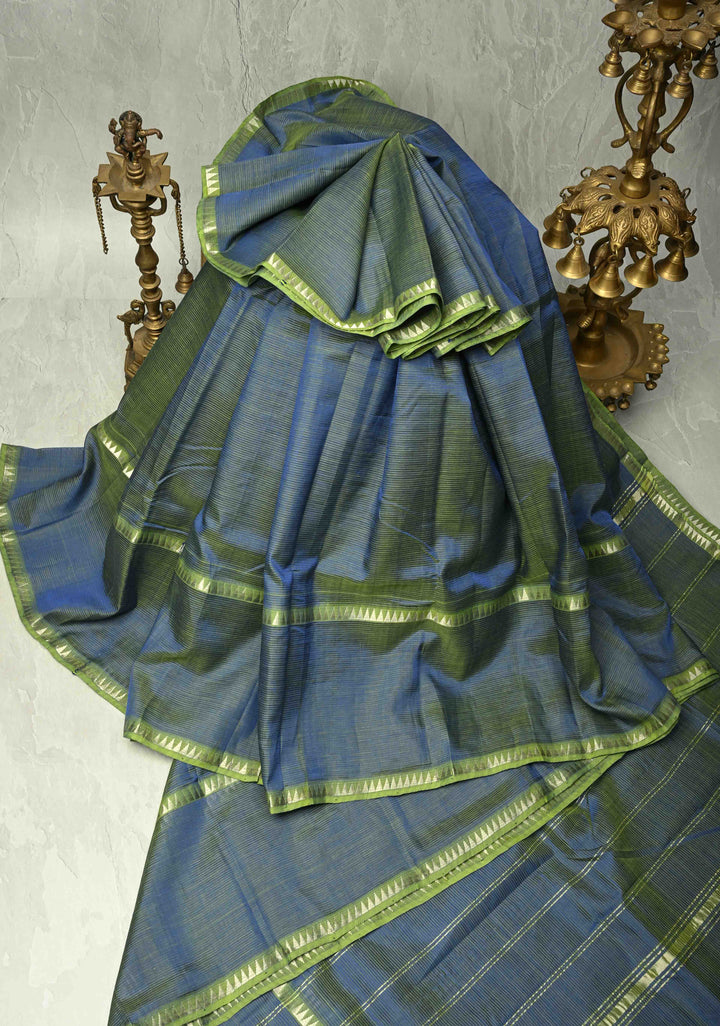 Blue-Green Dual Tone Handwoven Mangalagiri Silk Cotton Saree with Temple Wide Zari Border
