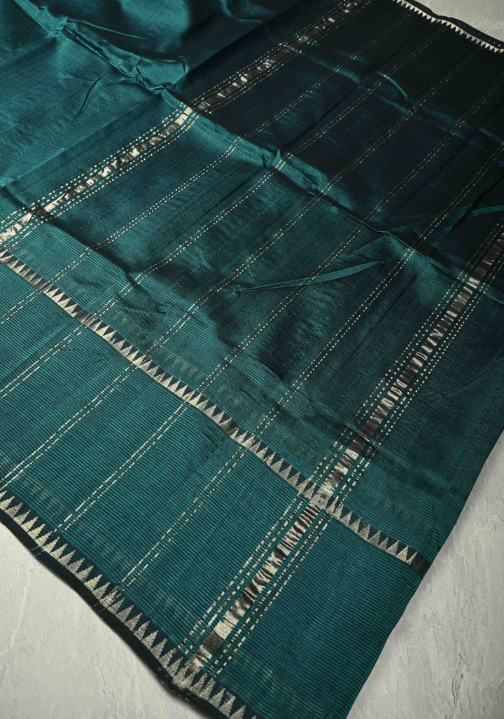 Bottle Green Handwoven Mangalagiri Silk Cotton Saree with Temple Wide Zari Border