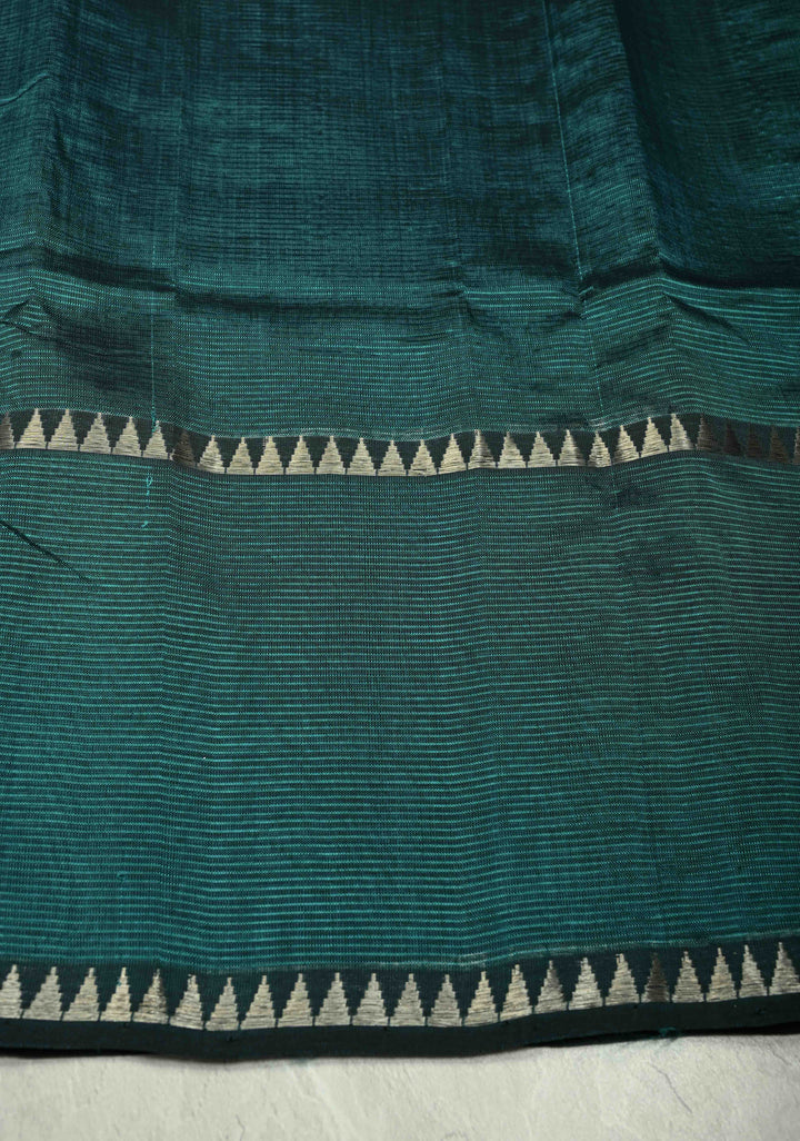 Bottle Green Handwoven Mangalagiri Silk Cotton Saree with Temple Wide Zari Border