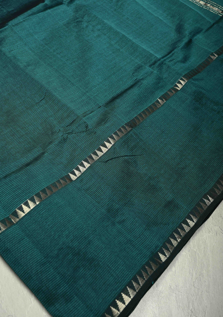 Bottle Green Handwoven Mangalagiri Silk Cotton Saree with Temple Wide Zari Border