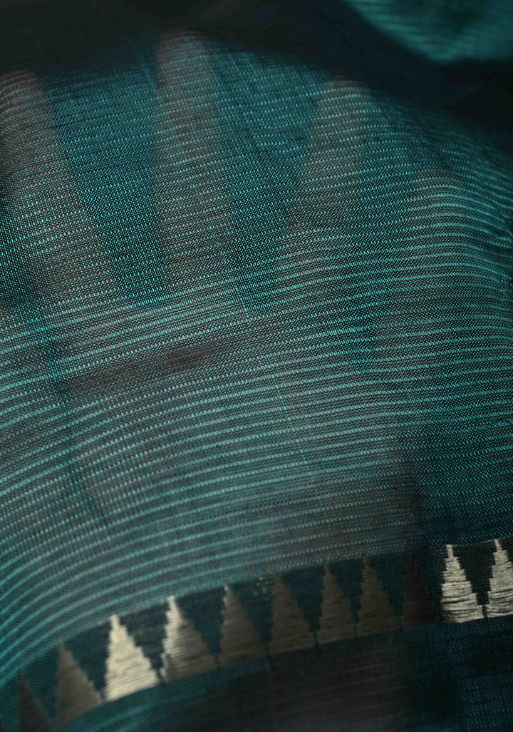 Bottle Green Handwoven Mangalagiri Silk Cotton Saree with Temple Wide Zari Border