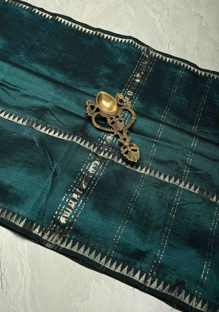 Bottle Green Handwoven Mangalagiri Silk Cotton Saree with Temple Wide Zari Border
