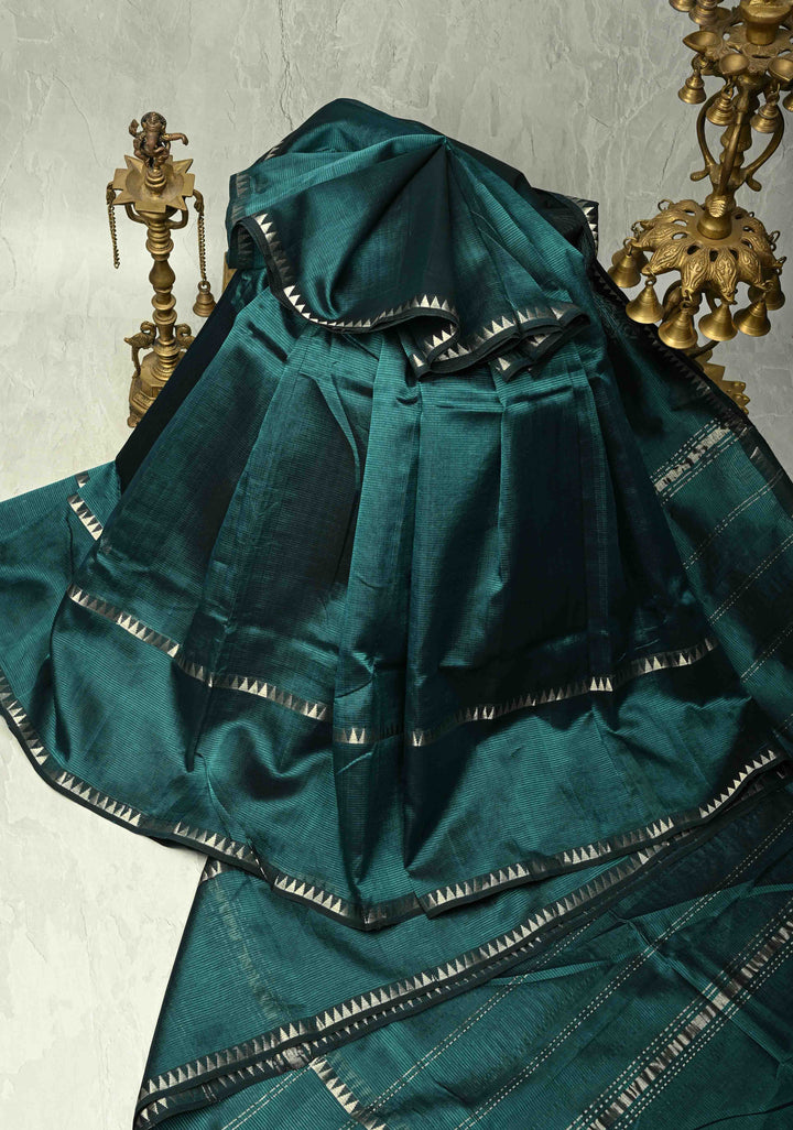 Bottle Green Handwoven Mangalagiri Silk Cotton Saree with Temple Wide Zari Border