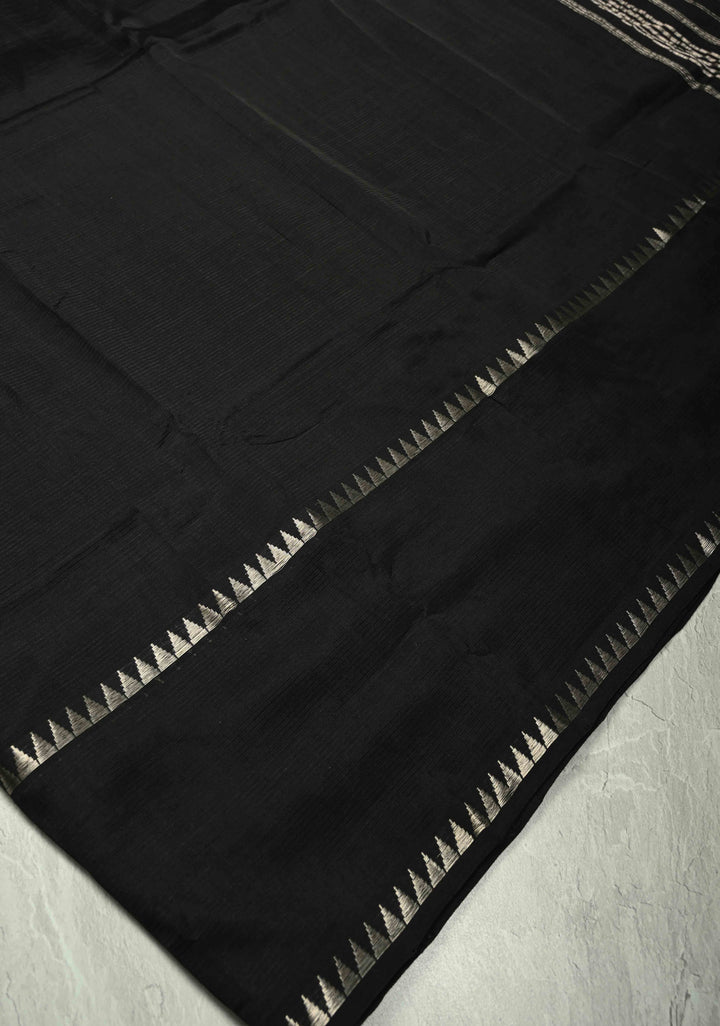 Black Handwoven Mangalagiri Silk Cotton Saree with Temple Wide Zari Border