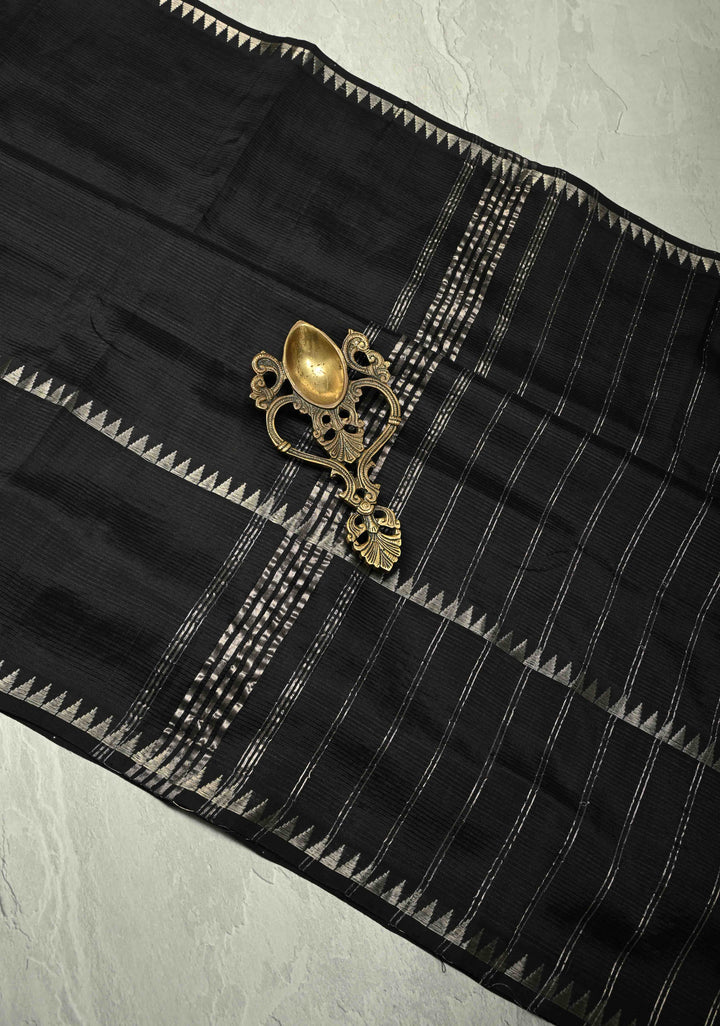 Black Handwoven Mangalagiri Silk Cotton Saree with Temple Wide Zari Border
