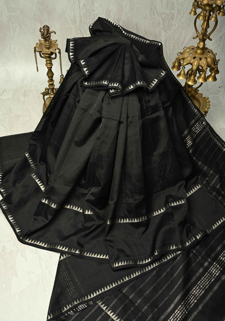 Black Handwoven Mangalagiri Silk Cotton Saree with Temple Wide Zari Border