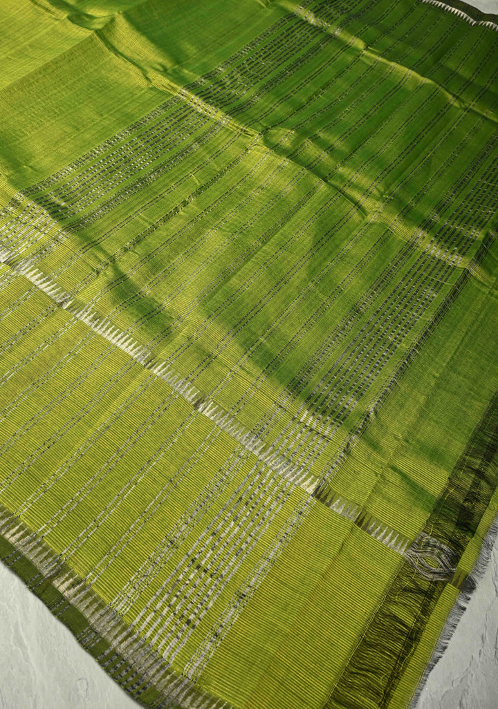 Moss Green Handwoven Mangalagiri Silk Cotton Saree with Temple Wide Zari Border