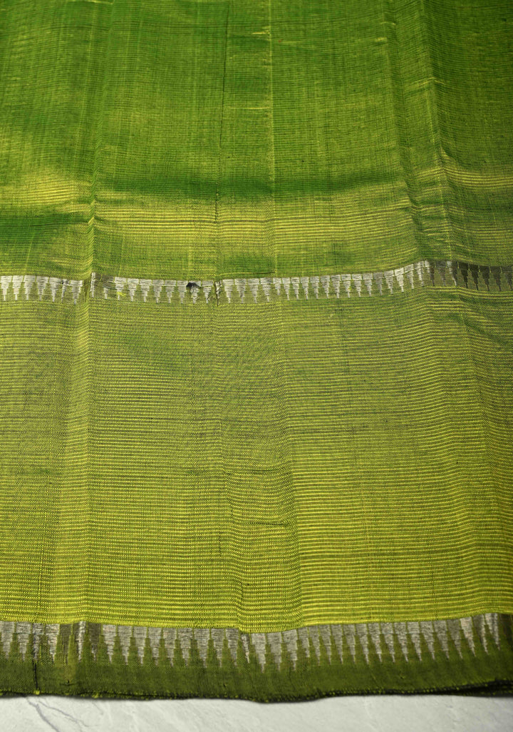 Moss Green Handwoven Mangalagiri Silk Cotton Saree with Temple Wide Zari Border