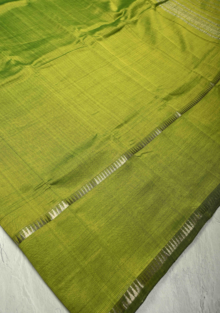 Moss Green Handwoven Mangalagiri Silk Cotton Saree with Temple Wide Zari Border