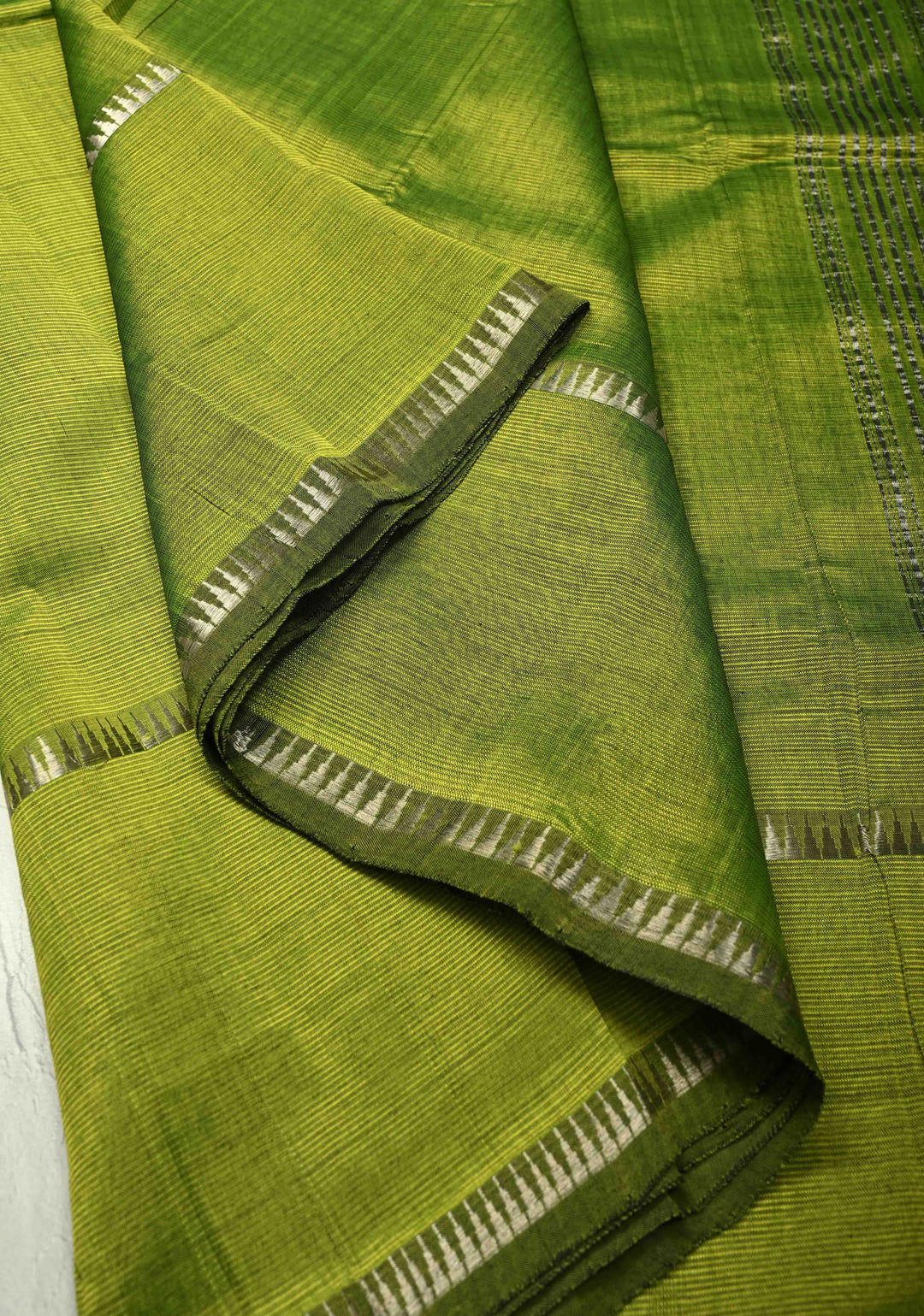 Moss Green Handwoven Mangalagiri Silk Cotton Saree with Temple Wide Zari Border
