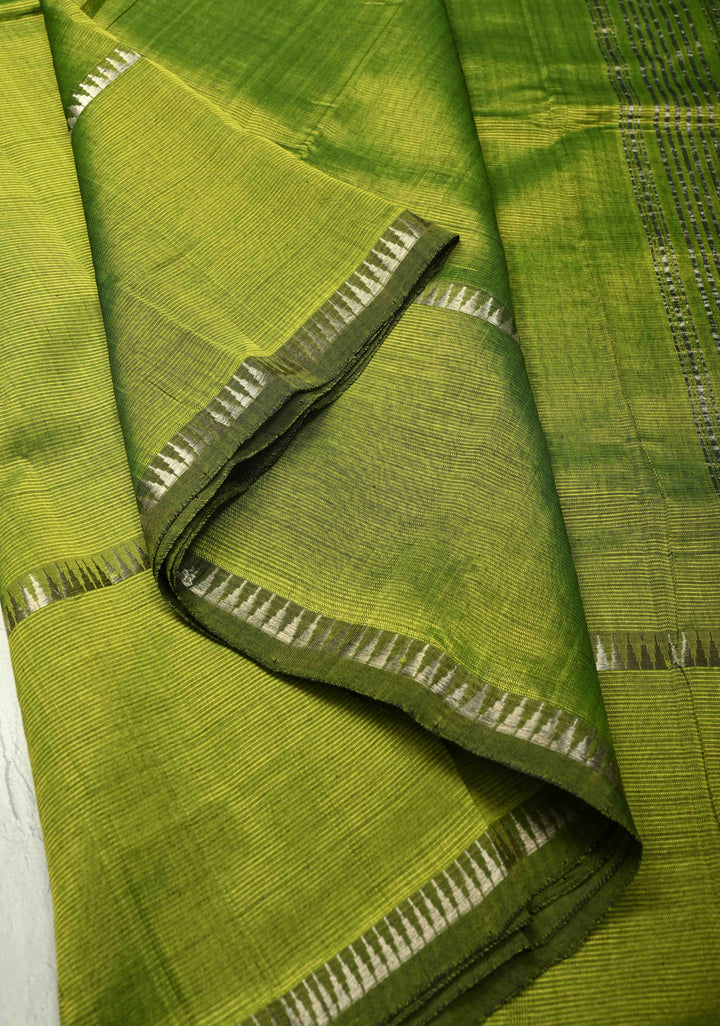 Moss Green Handwoven Mangalagiri Silk Cotton Saree with Temple Wide Zari Border