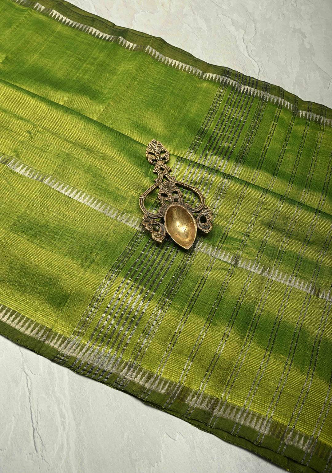 Moss Green Handwoven Mangalagiri Silk Cotton Saree with Temple Wide Zari Border