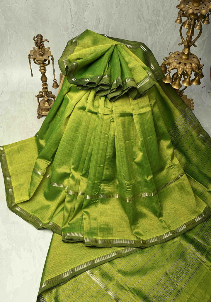 Moss Green Handwoven Mangalagiri Silk Cotton Saree with Temple Wide Zari Border