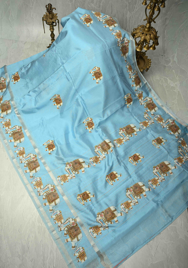 Sky Blue Handwoven Mangalagiri Silk Cotton Saree with Elephant Printed Motifs