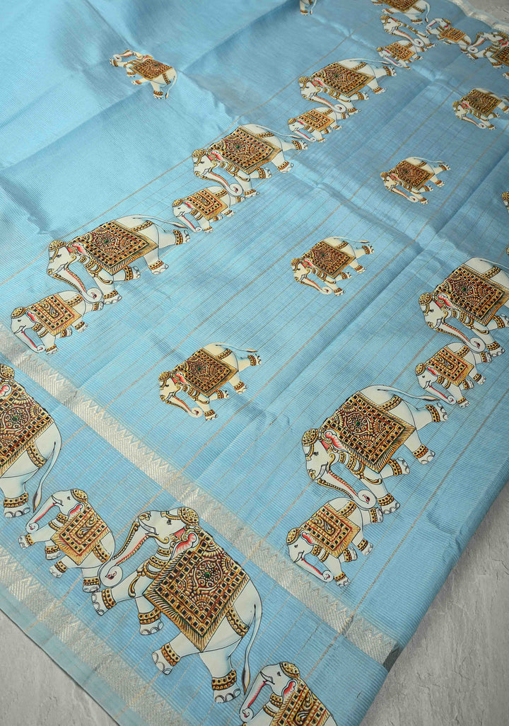 Sky Blue Handwoven Mangalagiri Silk Cotton Saree with Elephant Printed Motifs