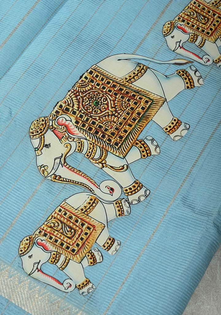 Sky Blue Handwoven Mangalagiri Silk Cotton Saree with Elephant Printed Motifs
