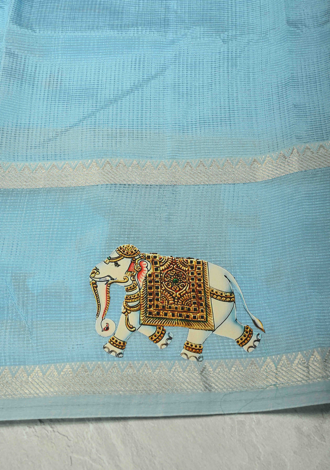 Sky Blue Handwoven Mangalagiri Silk Cotton Saree with Elephant Printed Motifs
