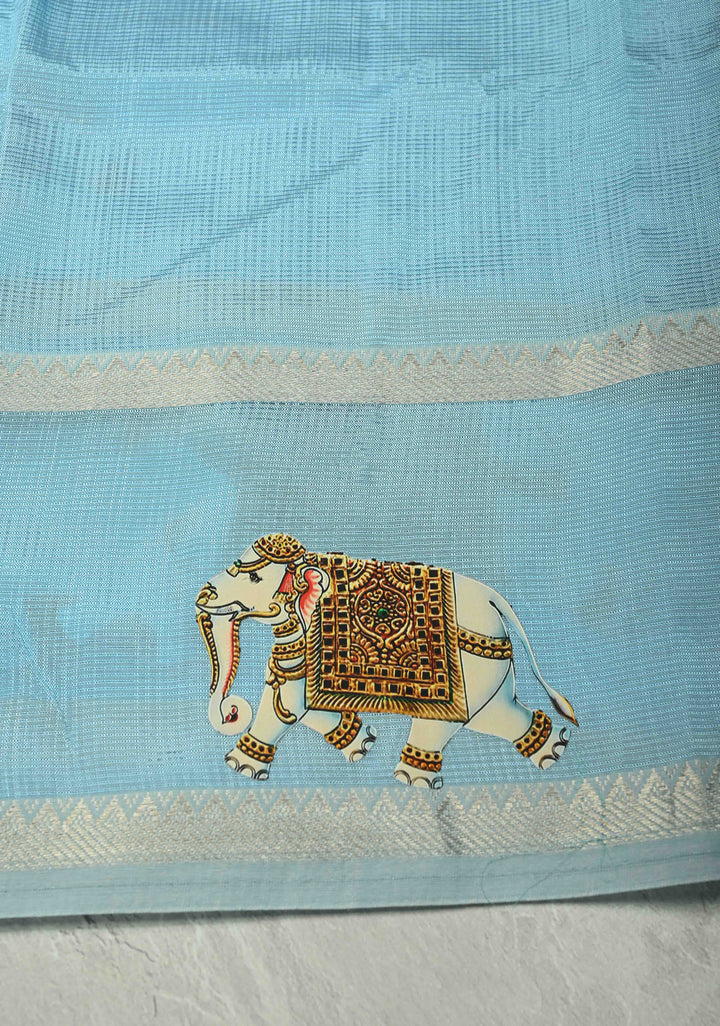 Sky Blue Handwoven Mangalagiri Silk Cotton Saree with Elephant Printed Motifs