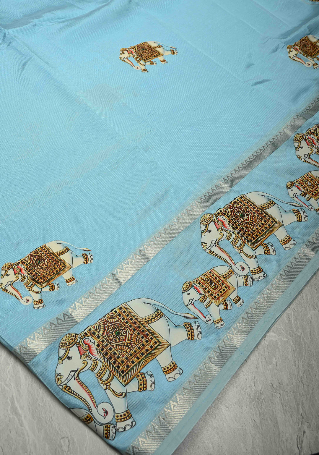 Sky Blue Handwoven Mangalagiri Silk Cotton Saree with Elephant Printed Motifs