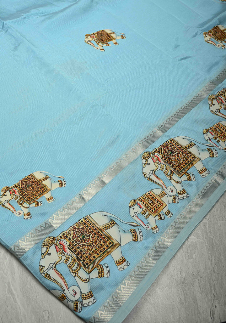 Sky Blue Handwoven Mangalagiri Silk Cotton Saree with Elephant Printed Motifs