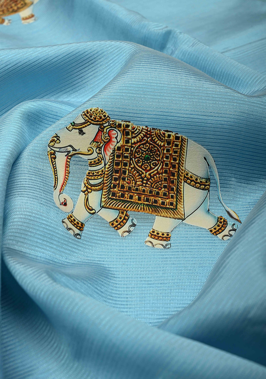 Sky Blue Handwoven Mangalagiri Silk Cotton Saree with Elephant Printed Motifs