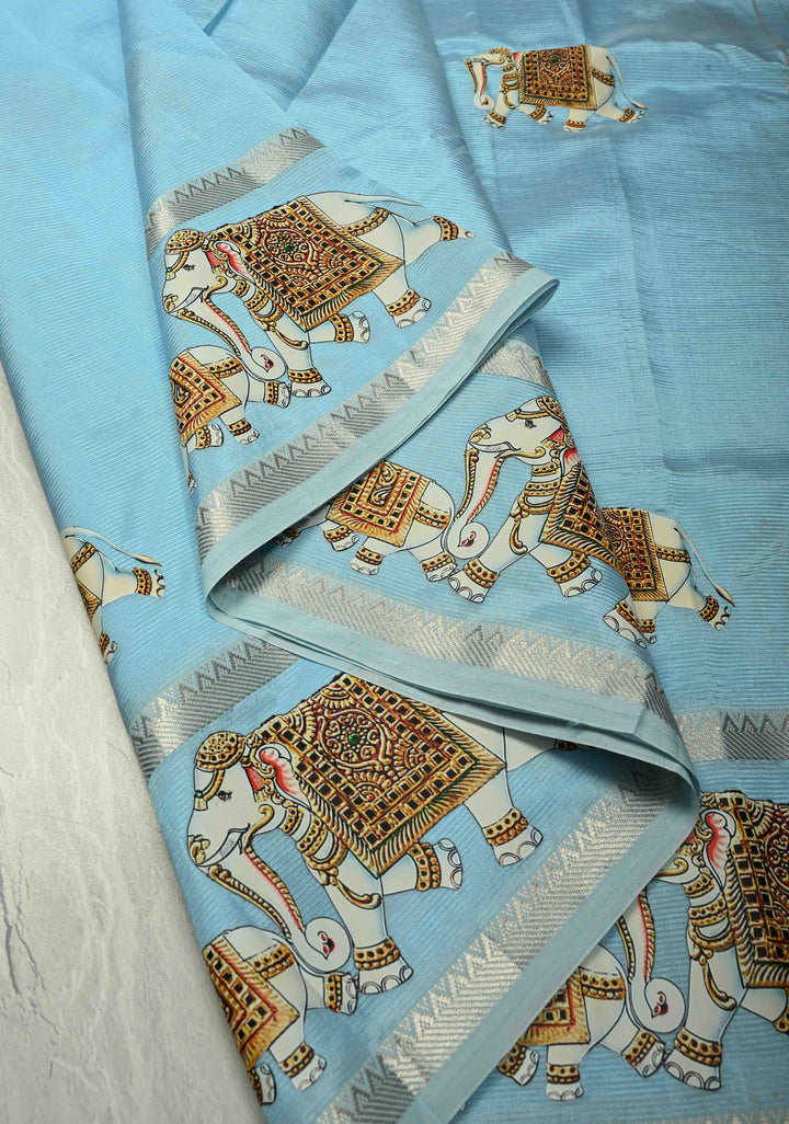 Sky Blue Handwoven Mangalagiri Silk Cotton Saree with Elephant Printed Motifs