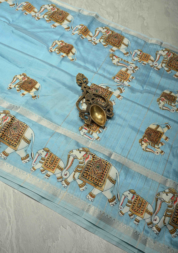 Sky Blue Handwoven Mangalagiri Silk Cotton Saree with Elephant Printed Motifs