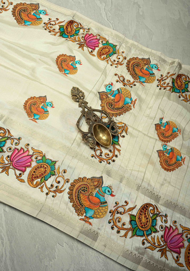 Off White Handwoven Mangalagiri Silk Cotton Saree with Printed Peacock Motifs