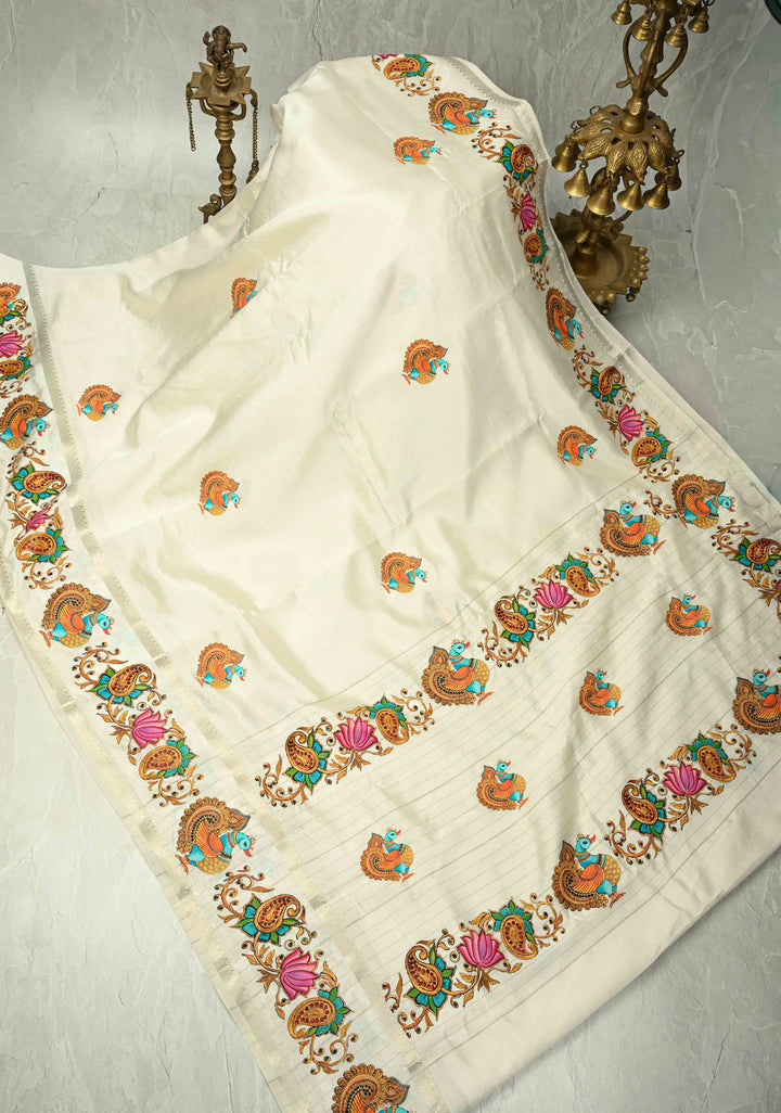 Off White Handwoven Mangalagiri Silk Cotton Saree with Printed Peacock Motifs