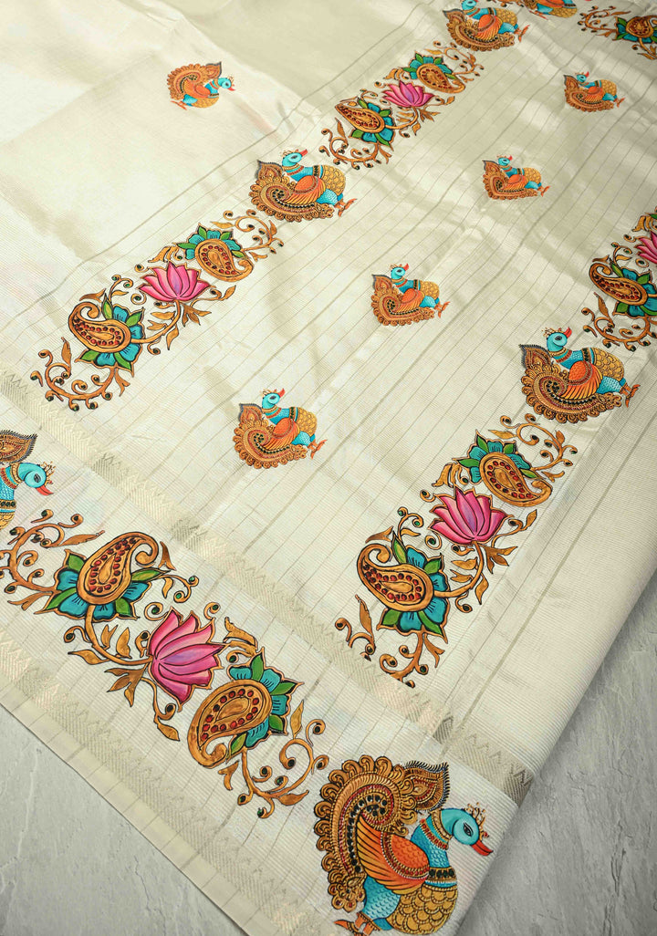 Off White Handwoven Mangalagiri Silk Cotton Saree with Printed Peacock Motifs