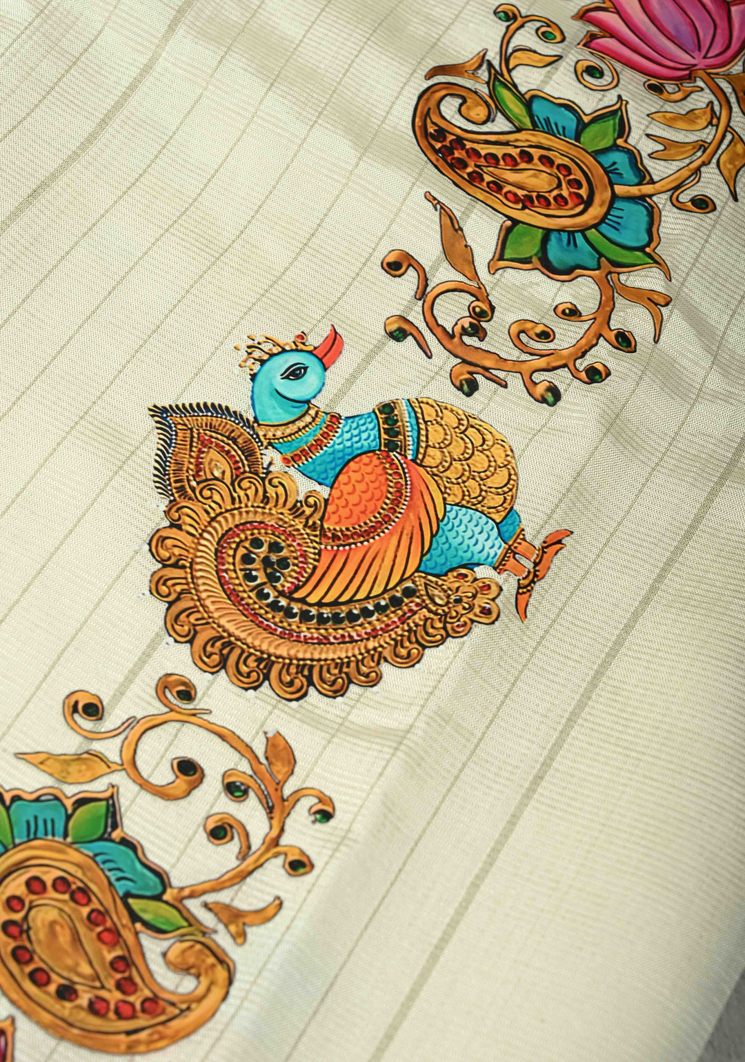 Off White Handwoven Mangalagiri Silk Cotton Saree with Printed Peacock Motifs