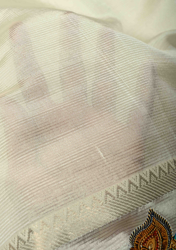 Off White Handwoven Mangalagiri Silk Cotton Saree with Printed Peacock Motifs