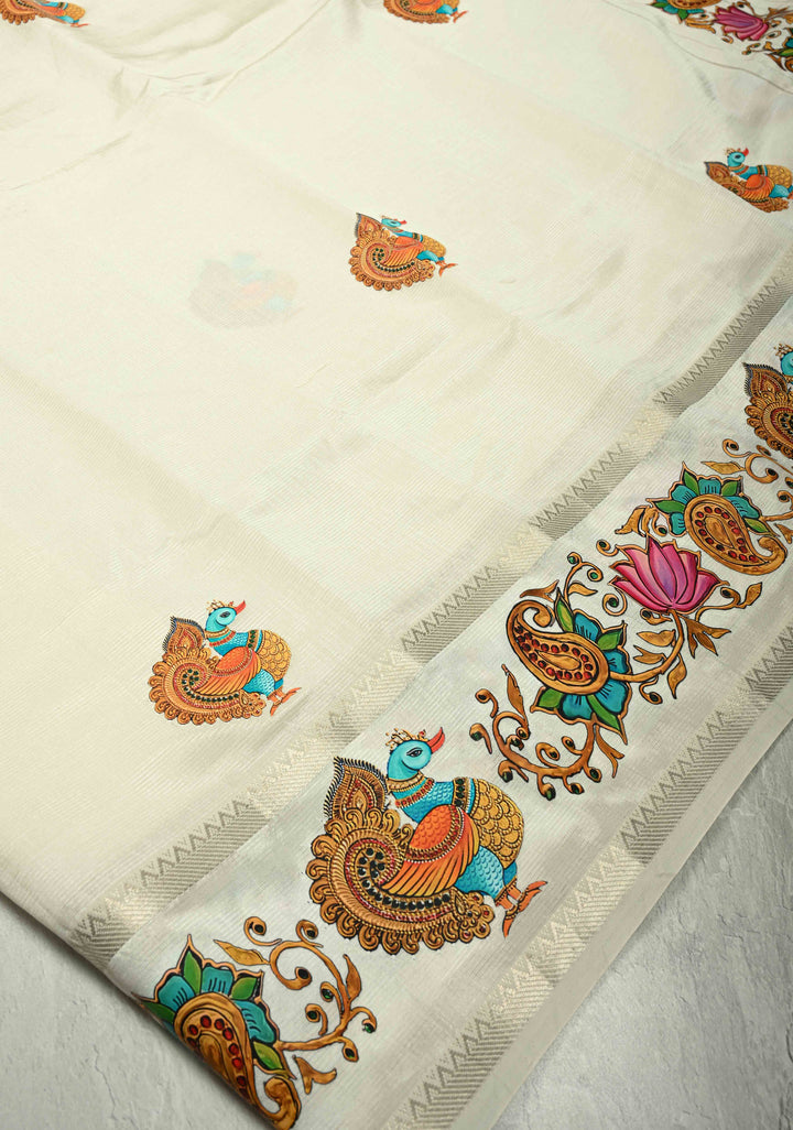 Off White Handwoven Mangalagiri Silk Cotton Saree with Printed Peacock Motifs
