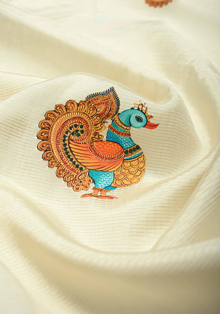 Off White Handwoven Mangalagiri Silk Cotton Saree with Printed Peacock Motifs