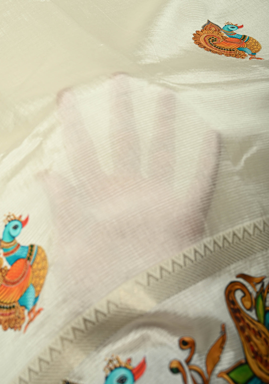 Off White Handwoven Mangalagiri Silk Cotton Saree with Printed Peacock Motifs