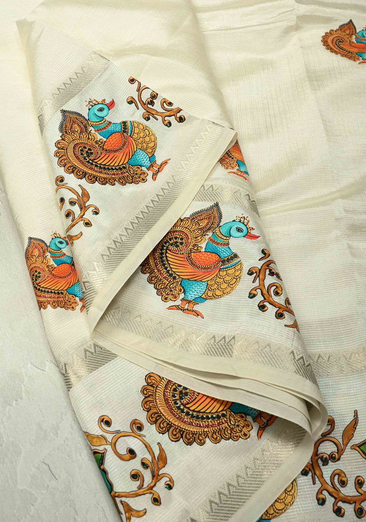 Off White Handwoven Mangalagiri Silk Cotton Saree with Printed Peacock Motifs