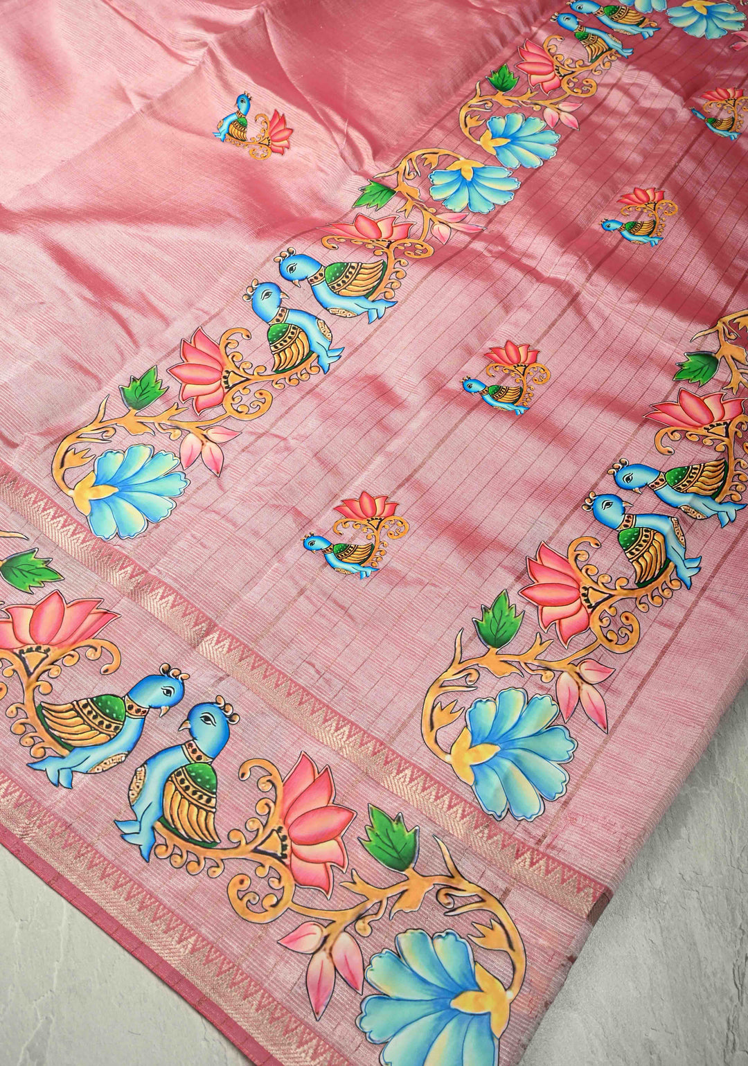 Rose Pink Handwoven Mangalagiri Silk Cotton Saree with Printed Parrot Motifs